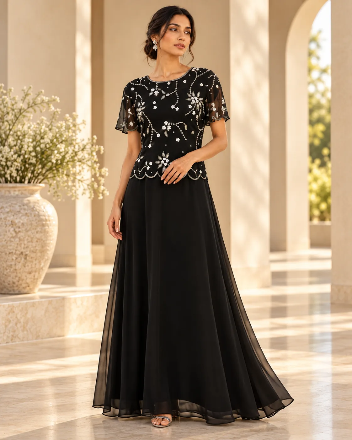 Editorial presentation of Noir Floral Evening dress