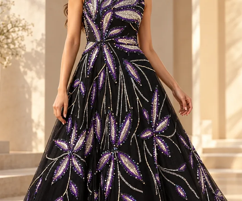 Detail crop from an existing garment photograph: Midnight Botanical Gown / Surface study