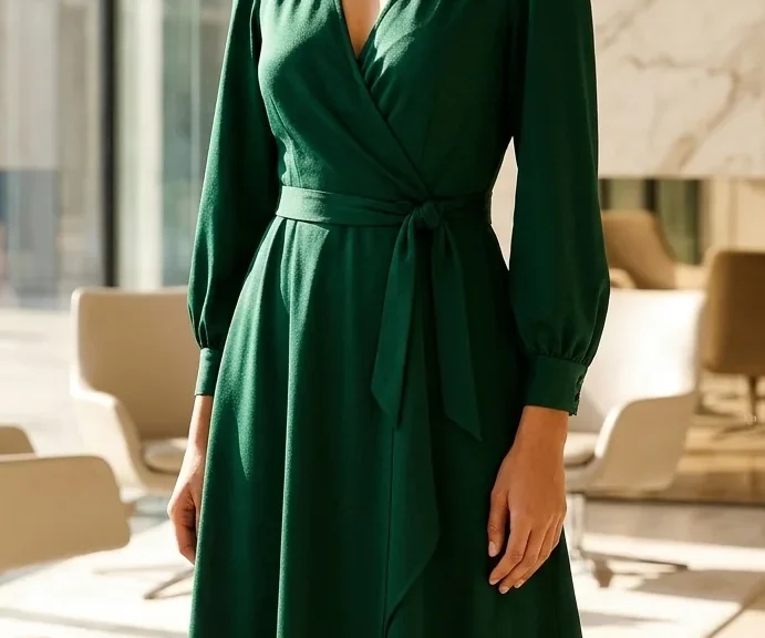 Detail crop from an existing garment photograph: Emerald Wrap Midi / Construction detail