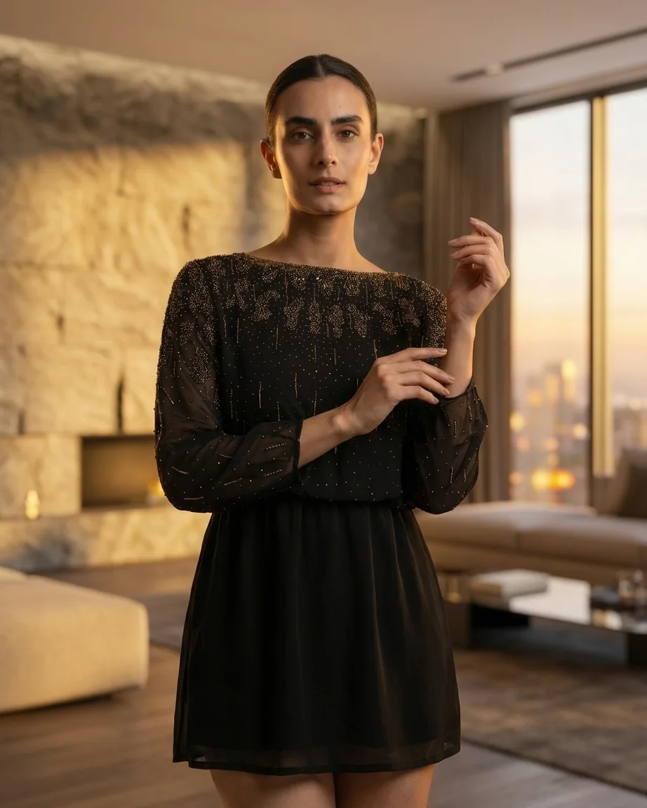 Black embellished mini dress in interior setting