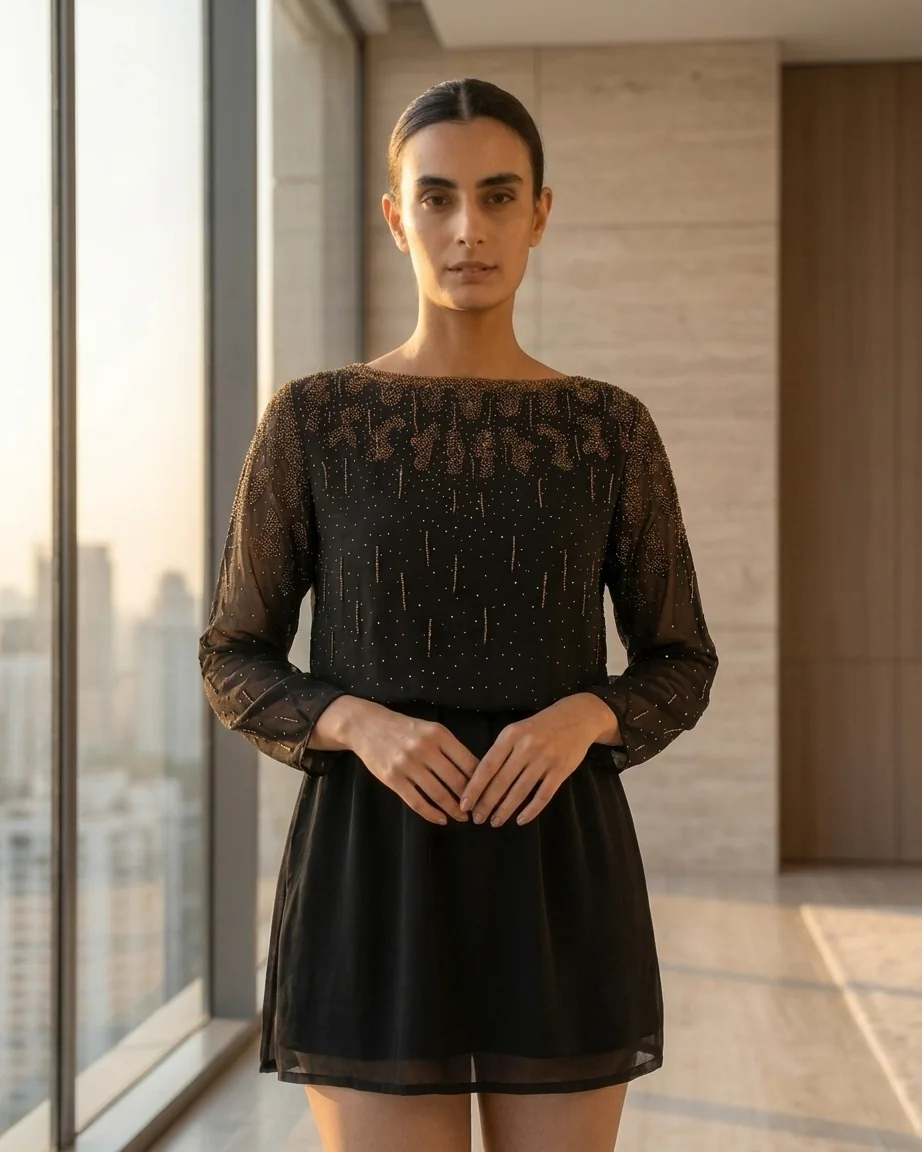 Black embellished mini dress in editorial setting